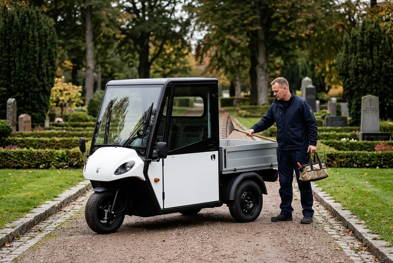 Primo EV eldrivet arbetsfordon för fastighetsskötsel på en skandinavisk gård