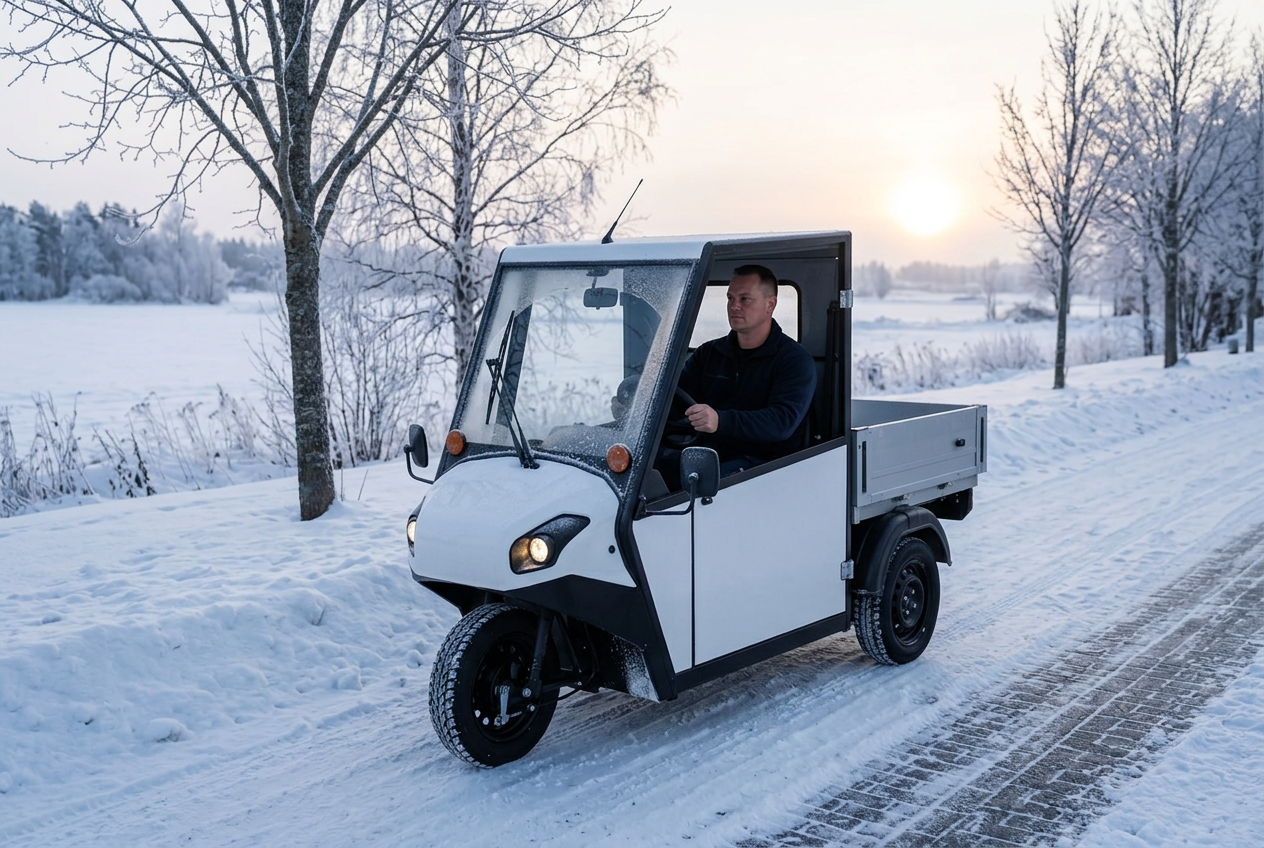Primo EV eldrivet arbetsfordon i vinterdrift på snötäckt nordisk väg