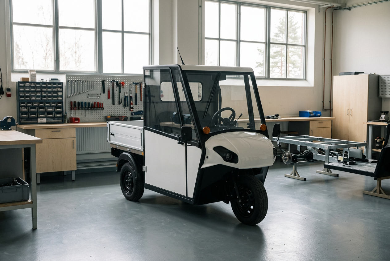 Montering av Primo EV eldrivna arbetsfordon vid anläggningen i Sverige